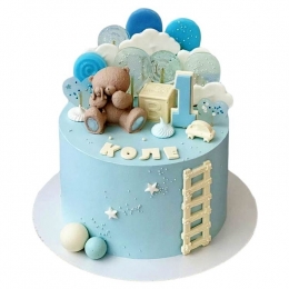 Голубой торт на годик с мишкой мальчику №2942 Голубой торт на годик с мишкой мальчику №2942