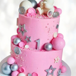 Торт двухъярусный розовый с мишкой TDRM013561 фото и оформление торта