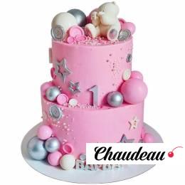 Торт на 1 годик двухъярусный с мишкой розовый №2664 Торт на 1 годик двухъярусный с мишкой розовый №2664