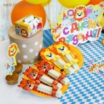 Набор для оформления праздника &quot;Сафари&quot;, воздуш.шары, тарелки, топперы, трубочки, наклейки, коробочки д/пирожных, свечи